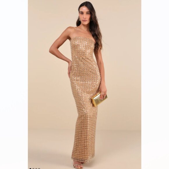 Lulus Perfectly Luxurious Tan Pearl Strapless Maxi Dress - Picture 1 of 8